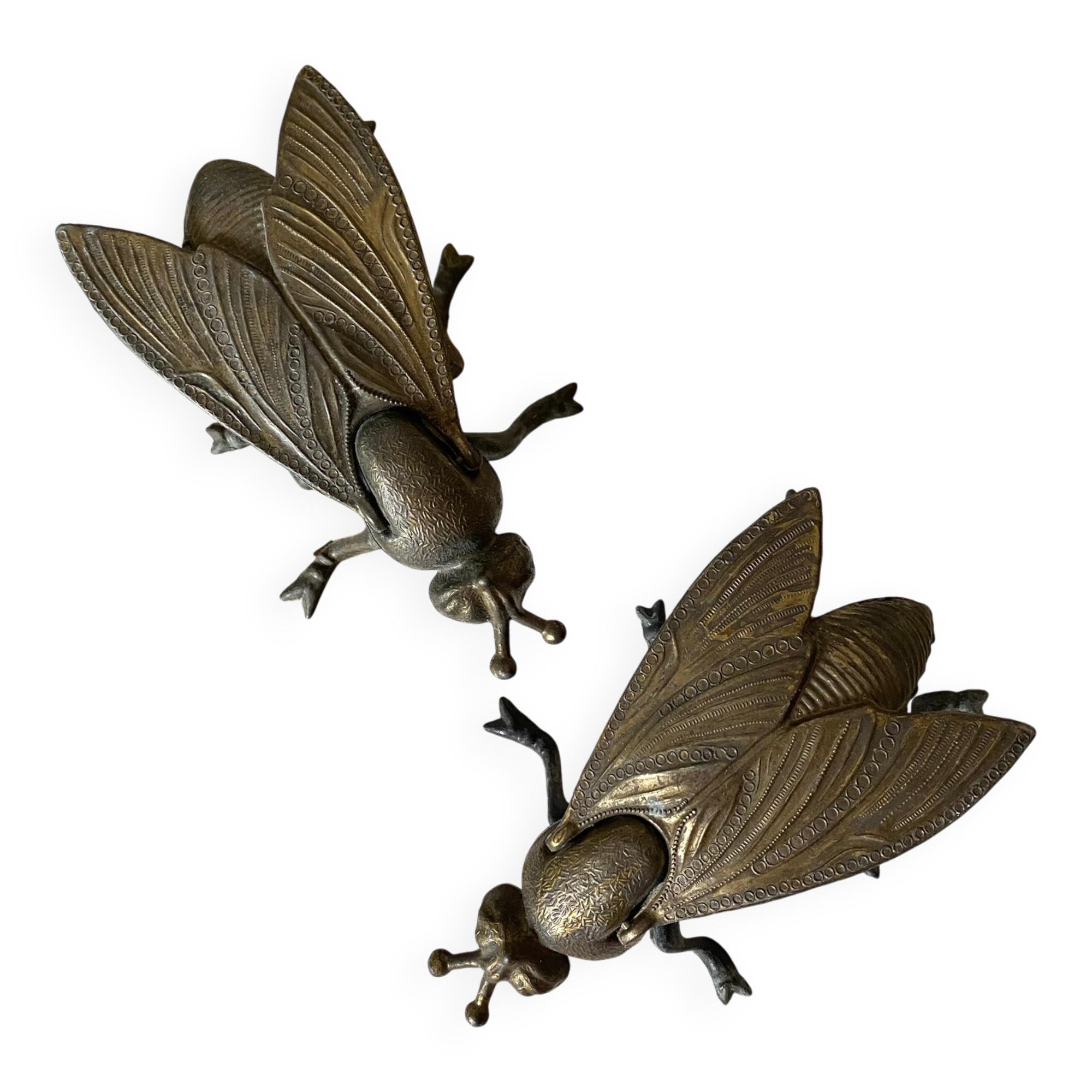 2 metal ashtrays with insect fly designs from the 1950s-60s.