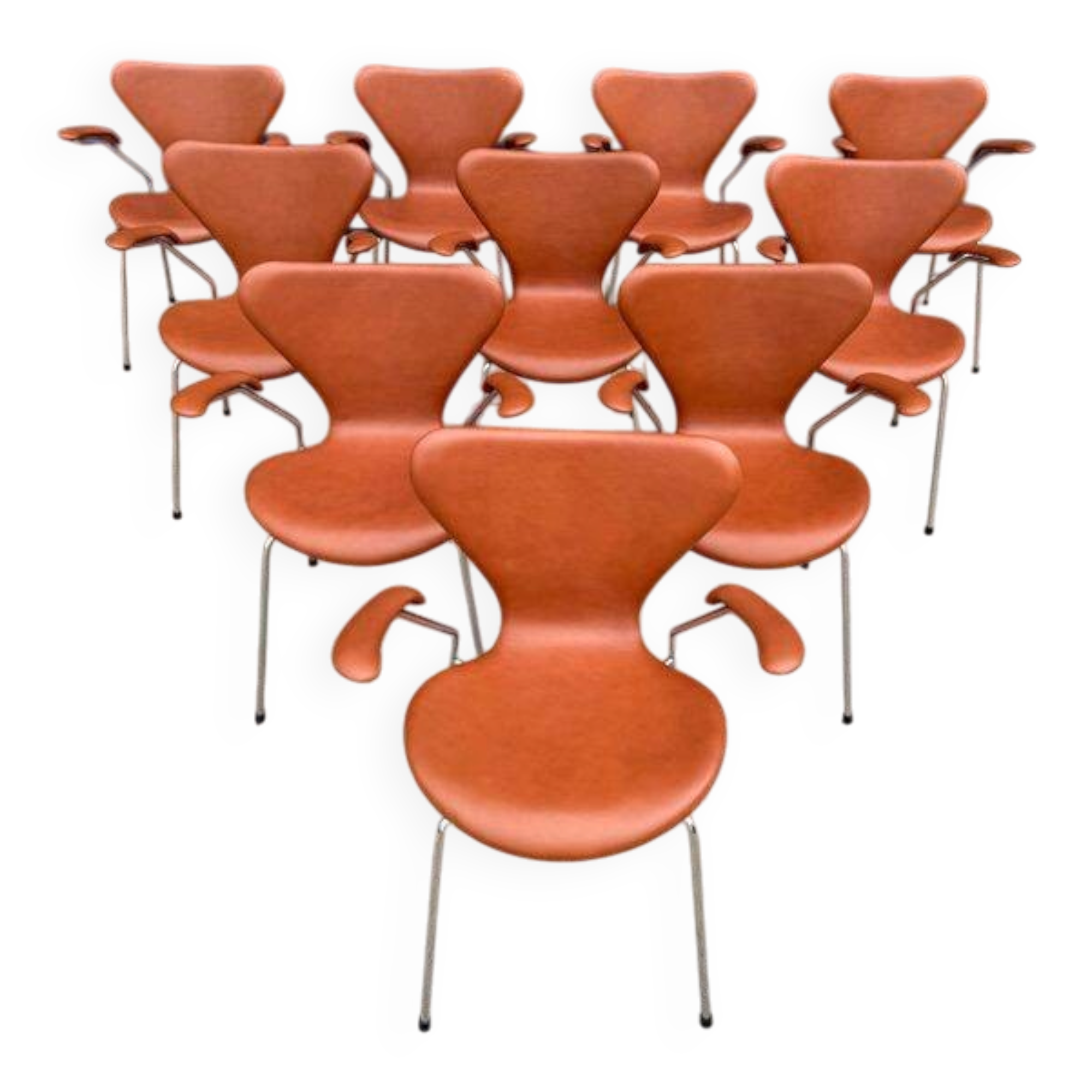 10x armchairs with arms, series 7 Butterfly Fritz Hansen by Arne Jacobsen in Cognac leather, in perfect condition.