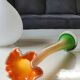Large Floral Shaped Vase/Ruffled Neck. Blown/opaline art glass. Green/orange tones. Height 39.5 cm