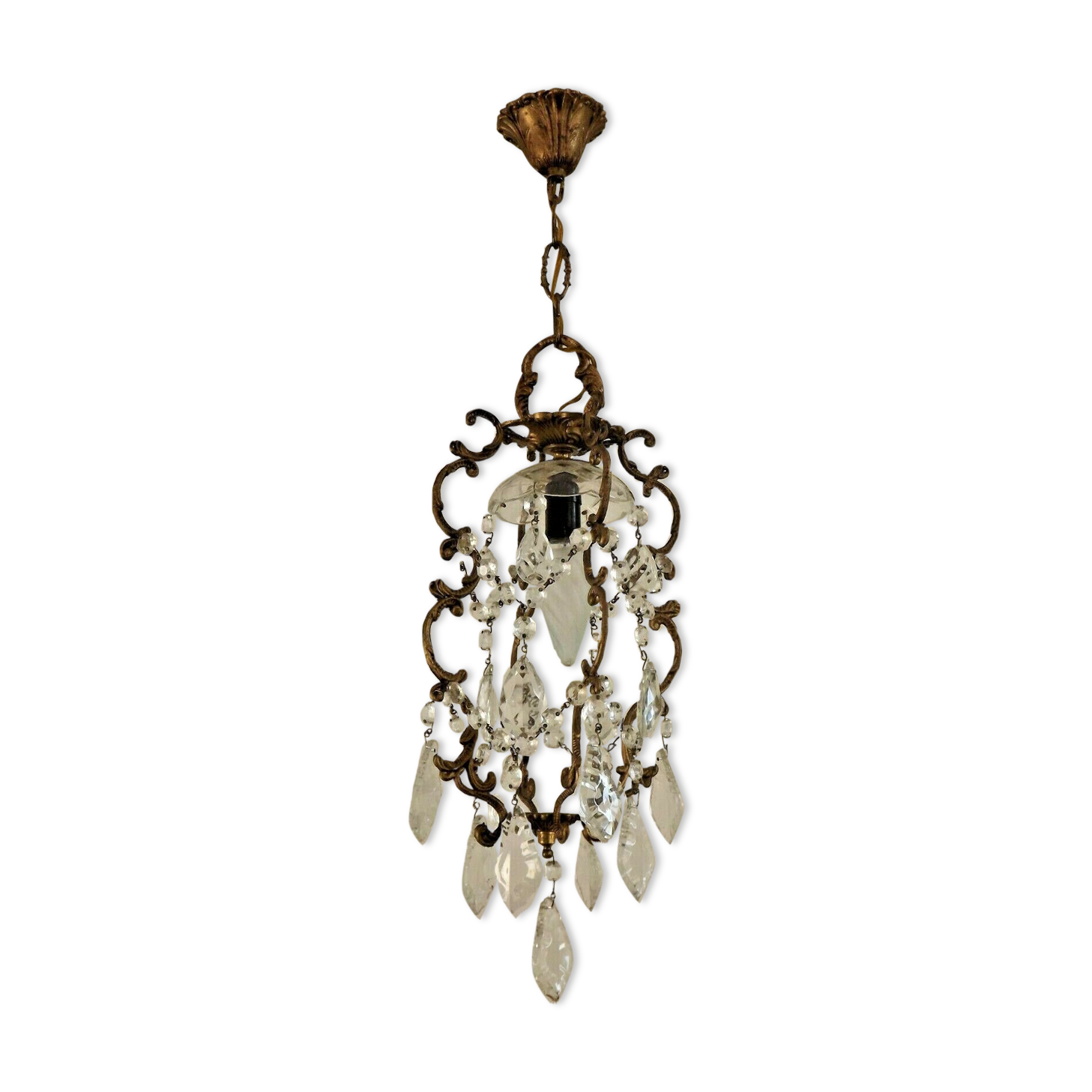 French antique small brass crystal & glass single light cage chandelier 3277