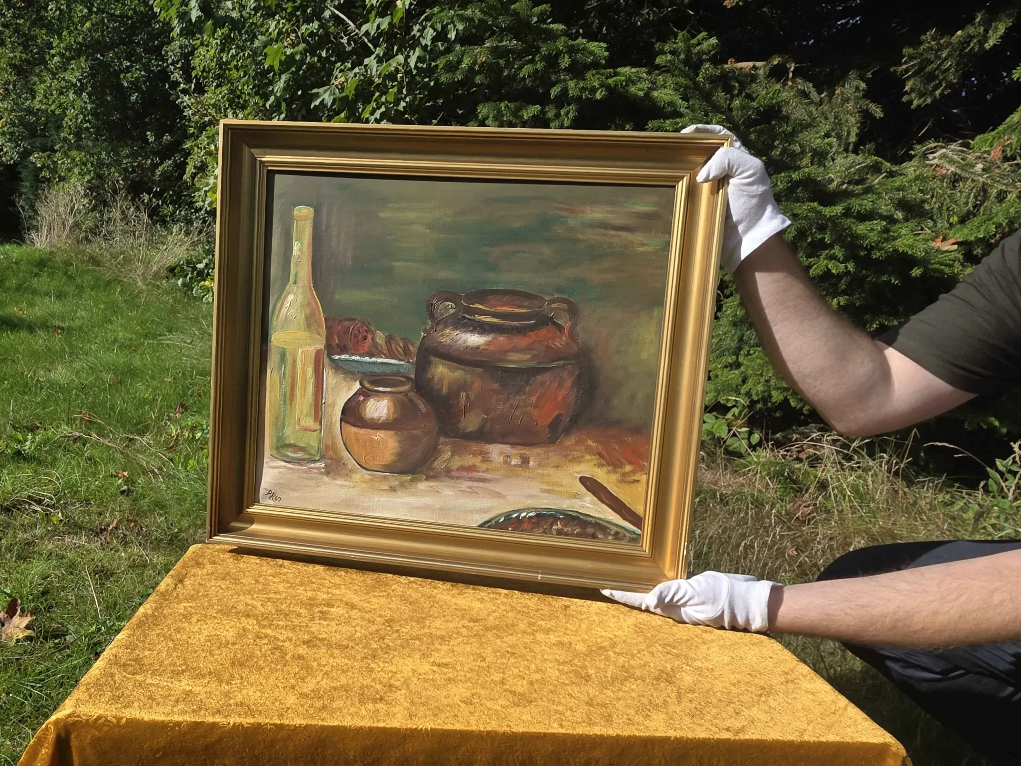 Peinture à l'huile de pot en cuivre de cuisine rustique - 1962