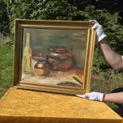 Peinture à l'huile de pot en cuivre de cuisine rustique - 1962