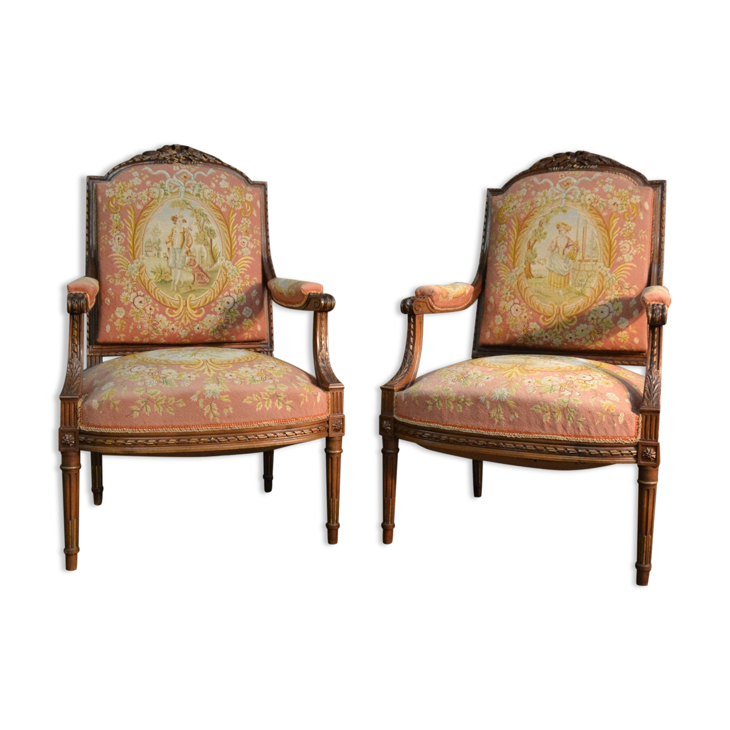 Pair of Louis XVI Style Armchairs in Walnut
