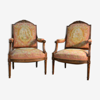 Pair of Louis XVI Style Armchairs in Walnut