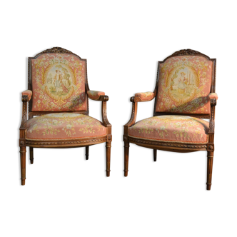 Pair of Louis XVI Style Armchairs in Walnut