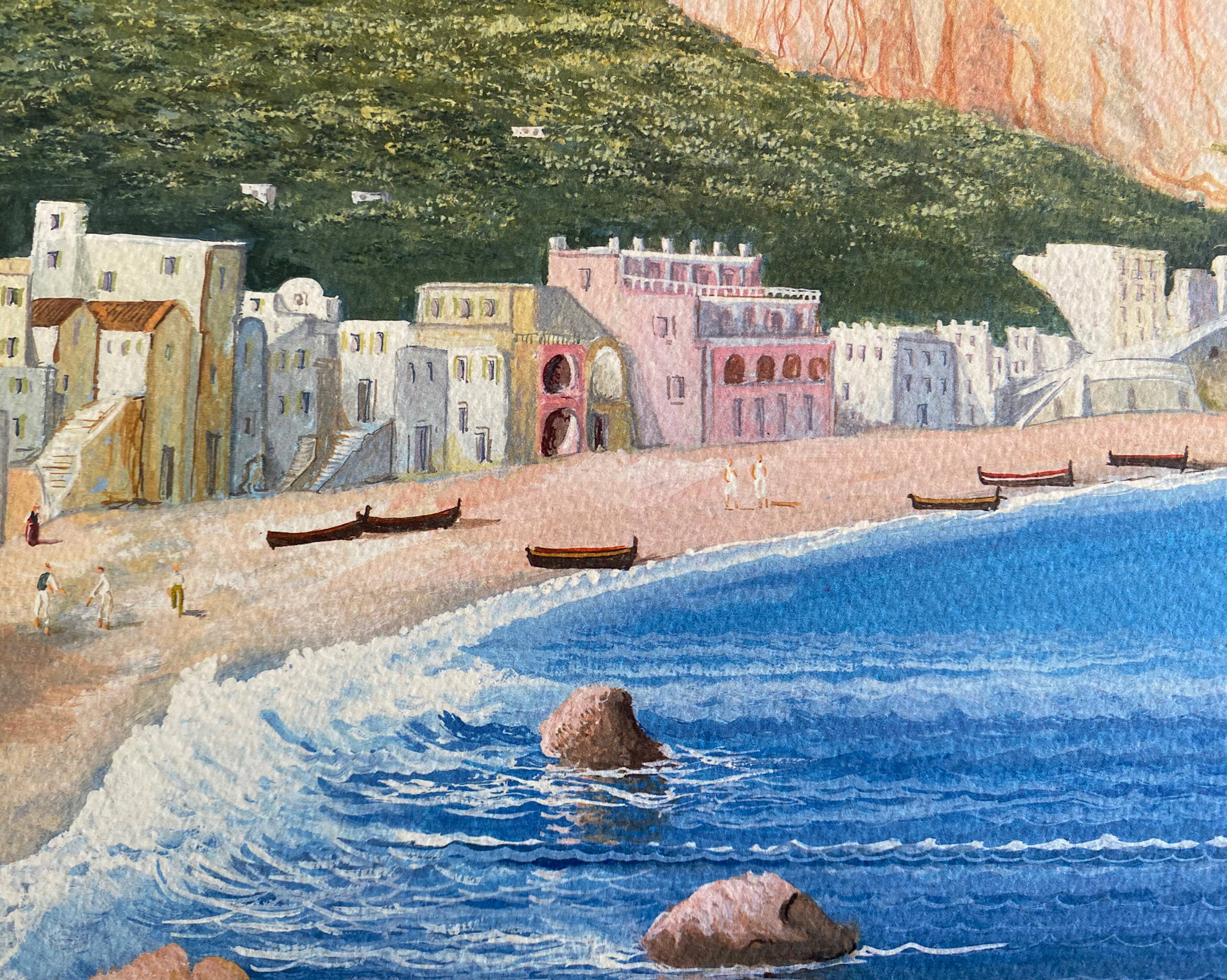 Painting Beautiful Neapolitan Gouache animated Boats (XX°) with inlaid frame