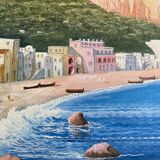 Painting Beautiful Neapolitan Gouache animated Boats (XX°) with inlaid frame