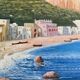 Tableau Belle Gouache Napolitaine animée Barques (XX°) avec cadre marqueté