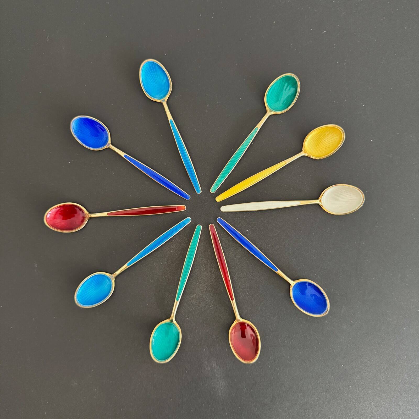 10 silver and vermeil enamel spoons Norway-Sterling 20th century