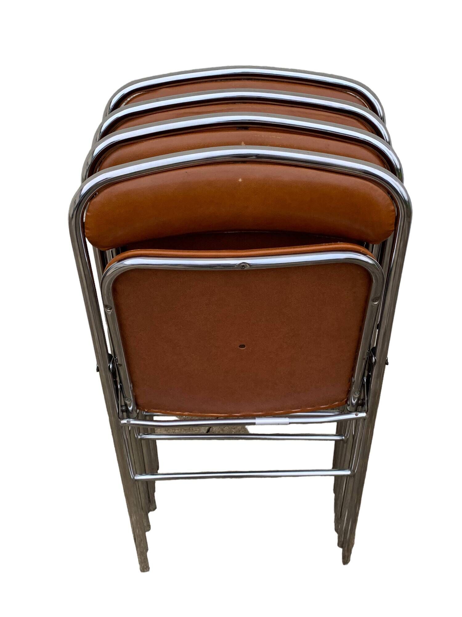 4 folding chairs chromed metal and Skaï fawn 1970