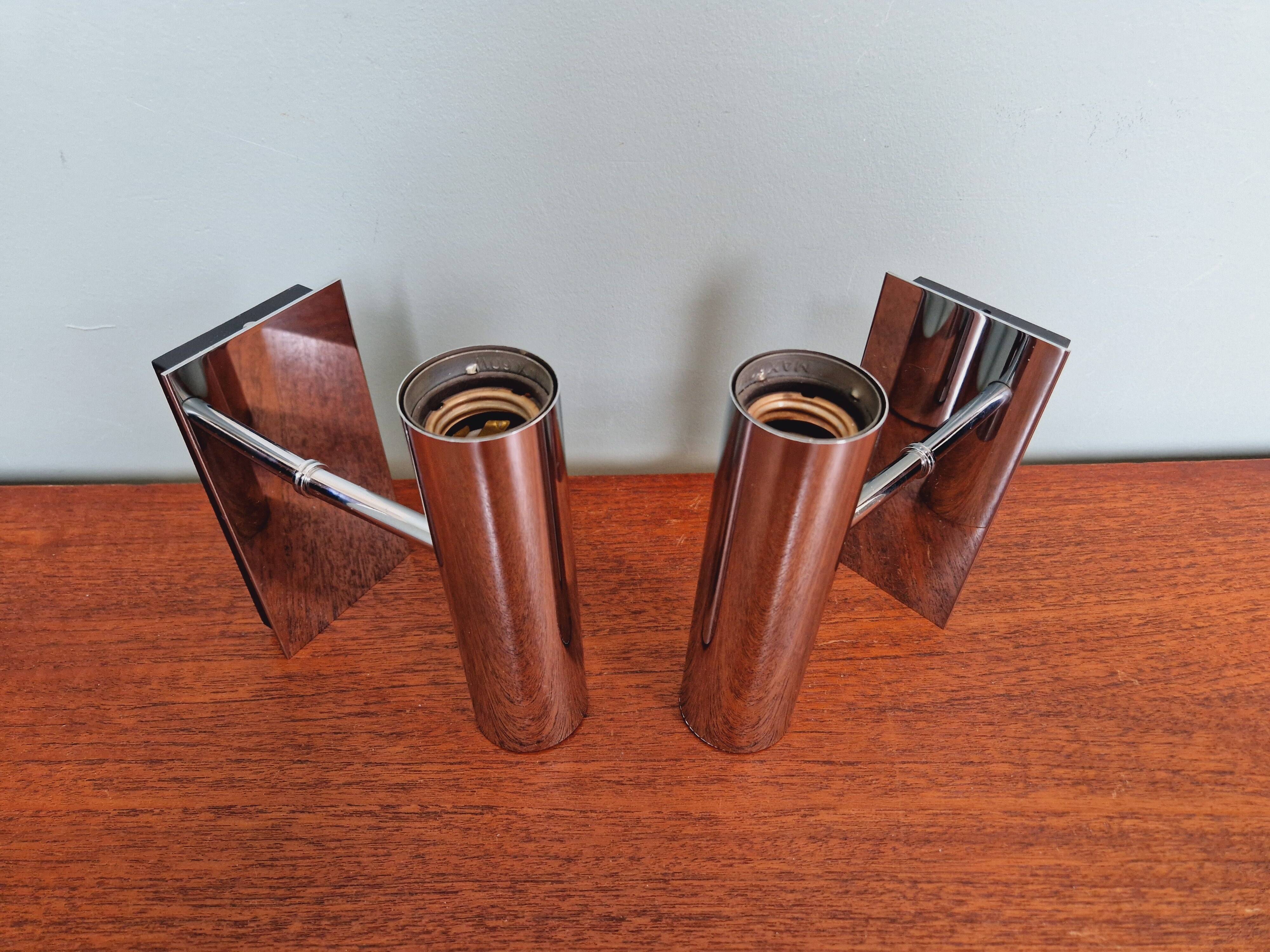 Pair of tubular double-light wall lights in chrome-plated metal, 1970s