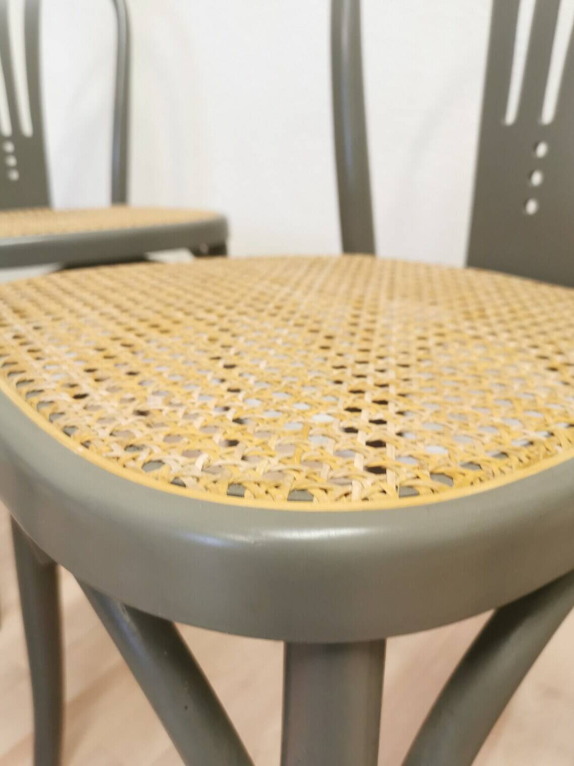 Set of 6 Vintage Gray Bentwood Dining Chair: Thonet Style Cane Seat