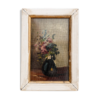 Huile sur panneau miniature - bouquet de fleurs