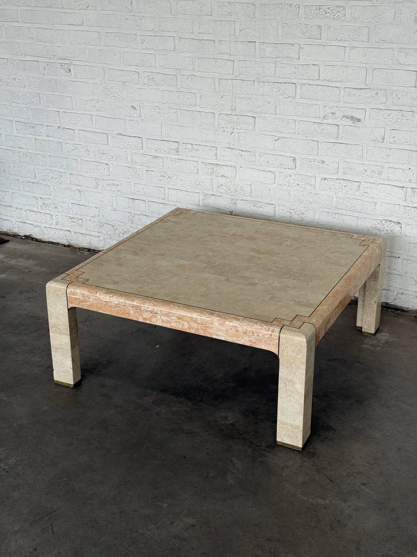 Tessellated Stone & Brass Inlay Coffee Table — Mission Furniture, 1989