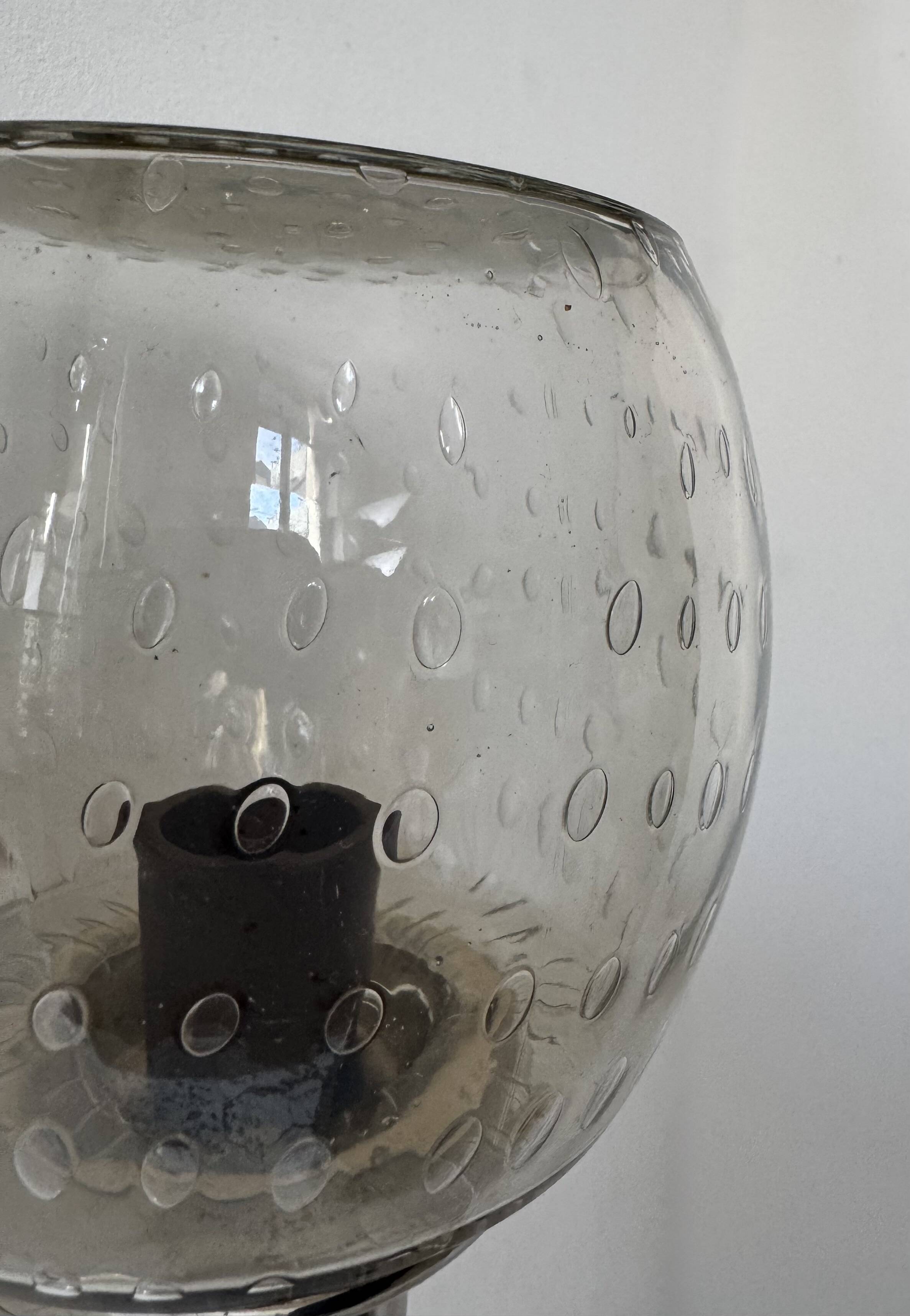 Pair of vintage wall lights, chromed metal and bubbled glass, France, 1960