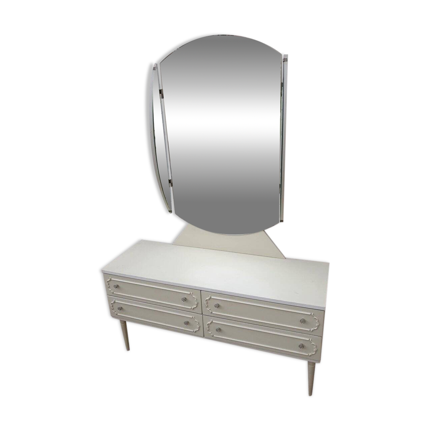 Mid-Century silver dressing table in glass and paint, central oval mirror, 1950s.