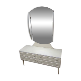 Mid-Century silver dressing table in glass and paint, central oval mirror, 1950s.