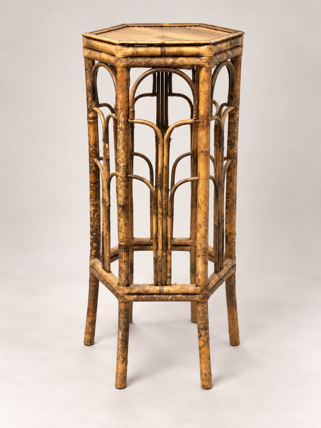Antique bamboo and rattan stool – hexagonal shape