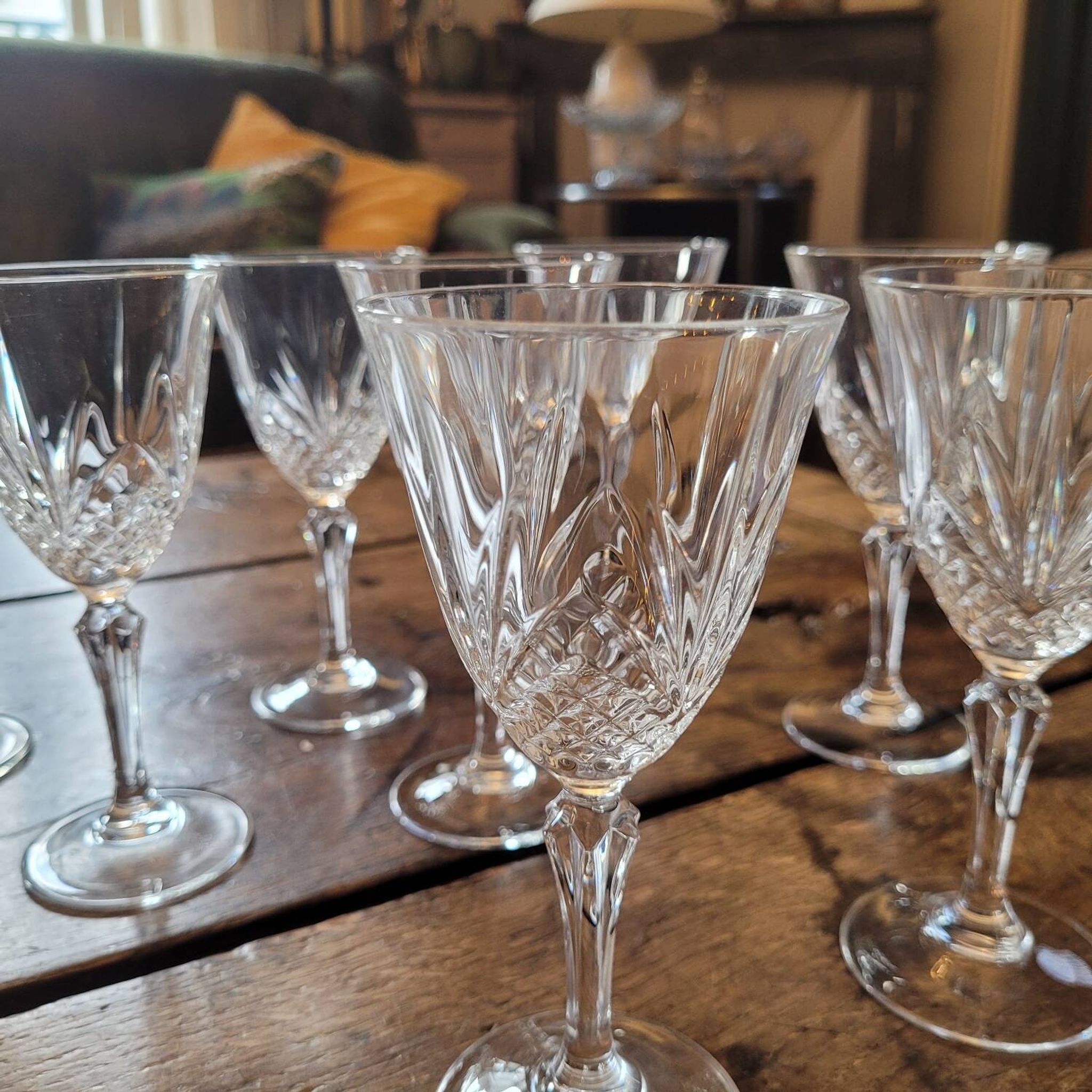 Set of 8 cut crystal glasses, hexagonal stem – 1950s