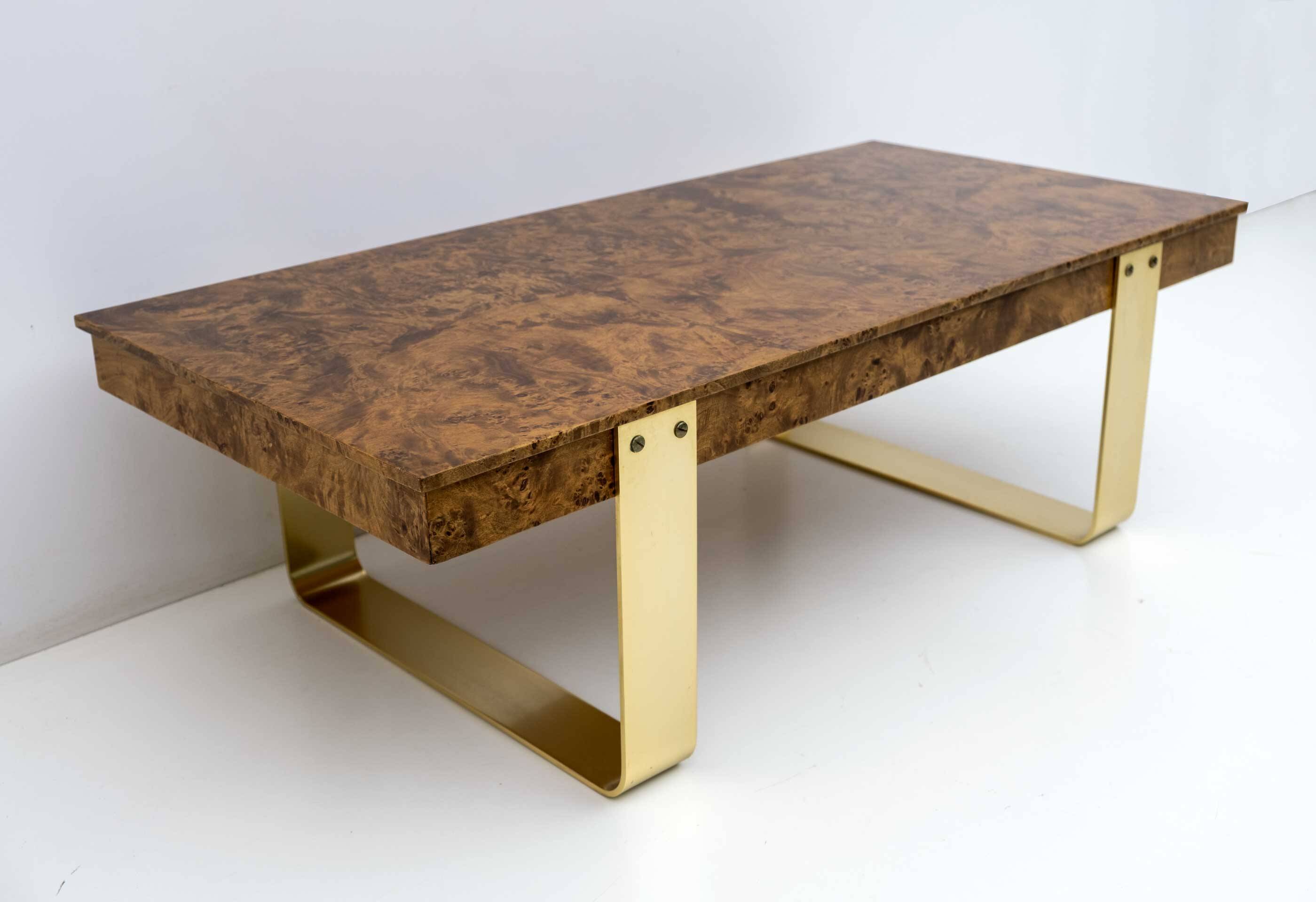 Mid-Century Modern Italian Briar Walnut and Brass Coffee Table, 1970s