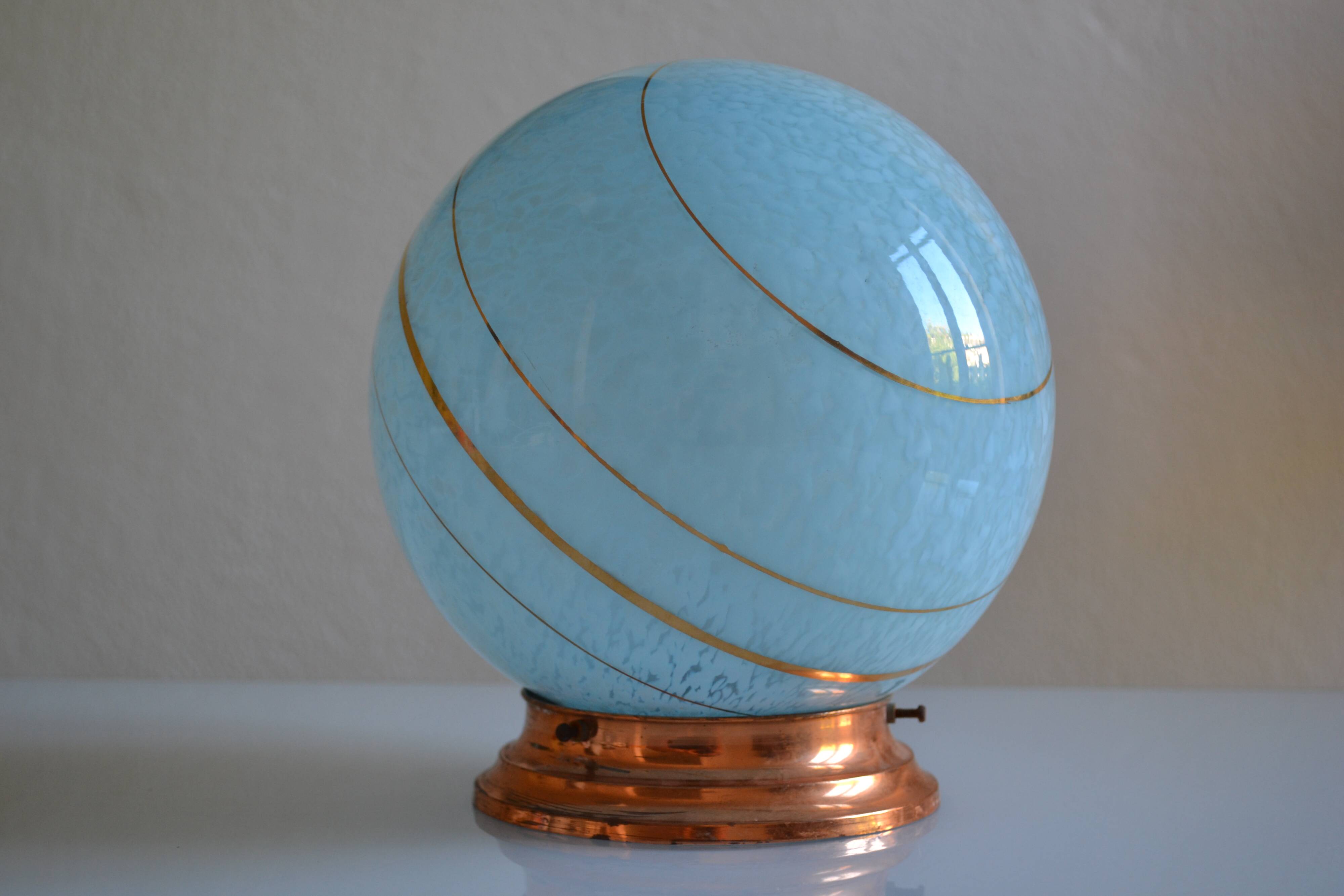 Art Deco table lamp with blue speckled opaline glass globe