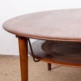 Danish round coffee table in teak, brass and cane, model FD 515 by Peter Hvidt 1960.