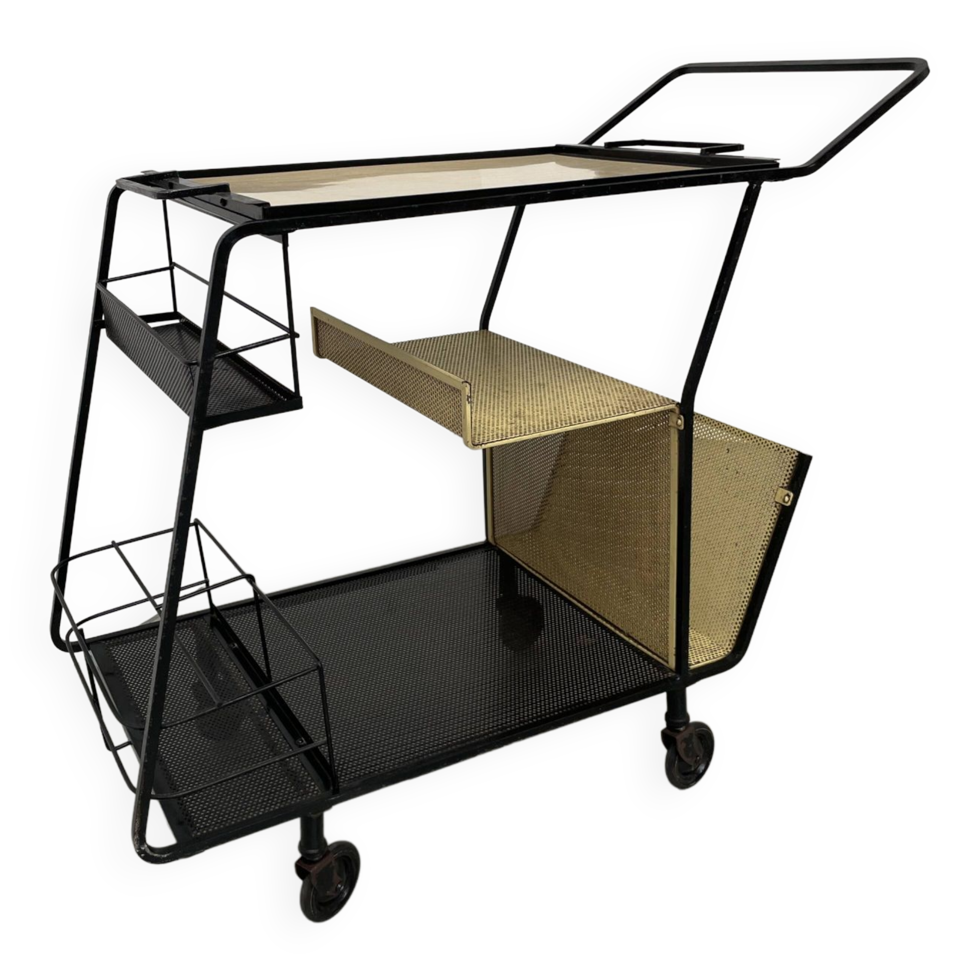 Perforated metal serving trolley in the Mathieu Matégot style