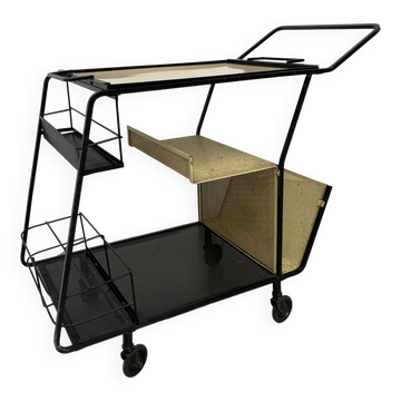 Perforated metal serving trolley in the Mathieu Matégot style