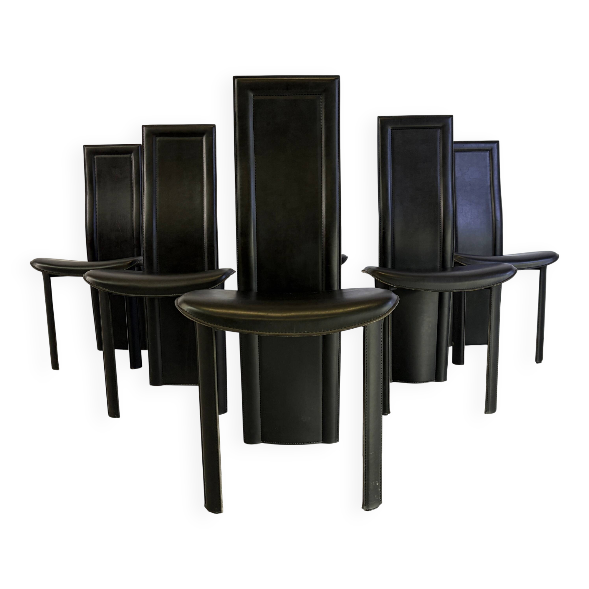 Vintage black leather dining chairs, set of 6, 1980s