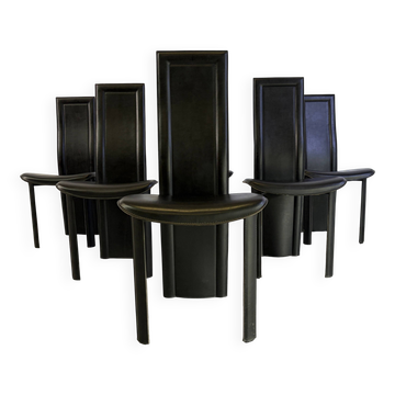 Vintage black leather dining chairs, set of 6, 1980s