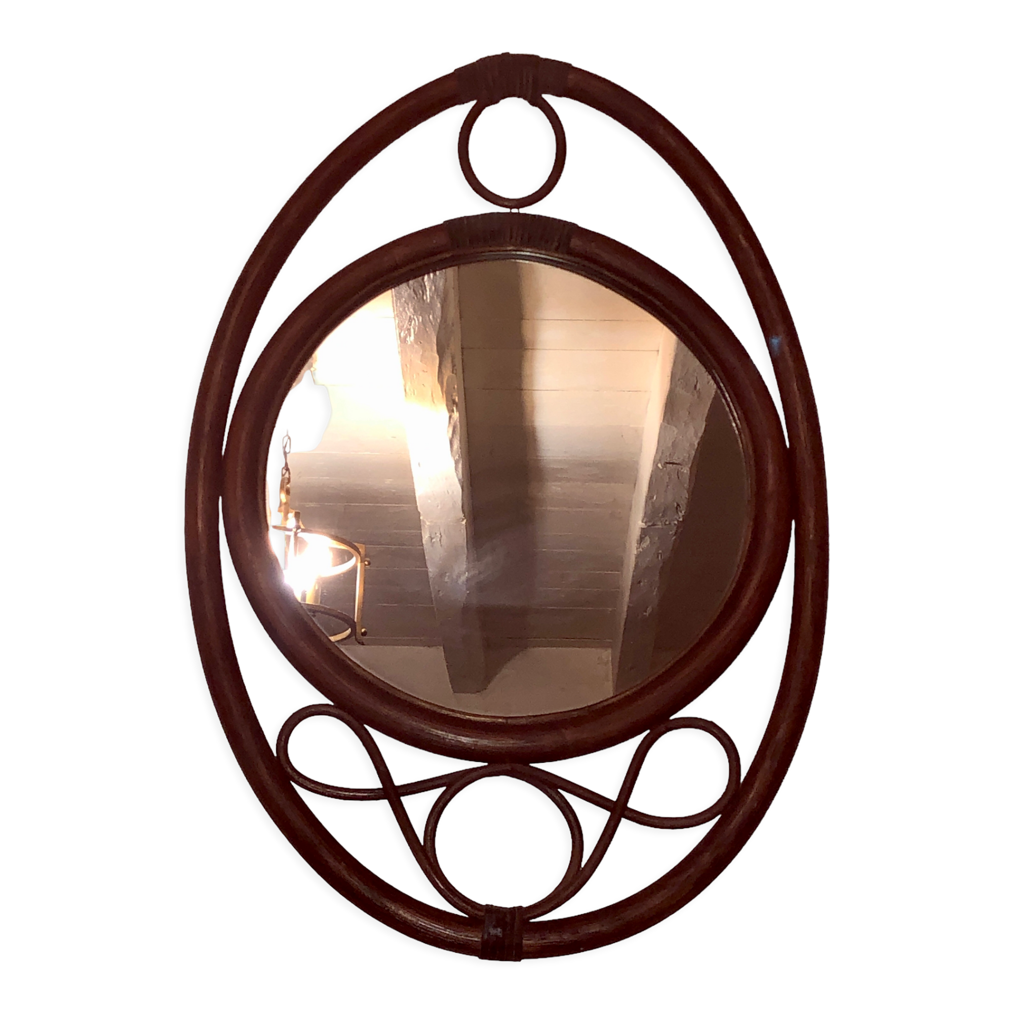 Oval rattan mirror in brown vintage, 72x49 cm