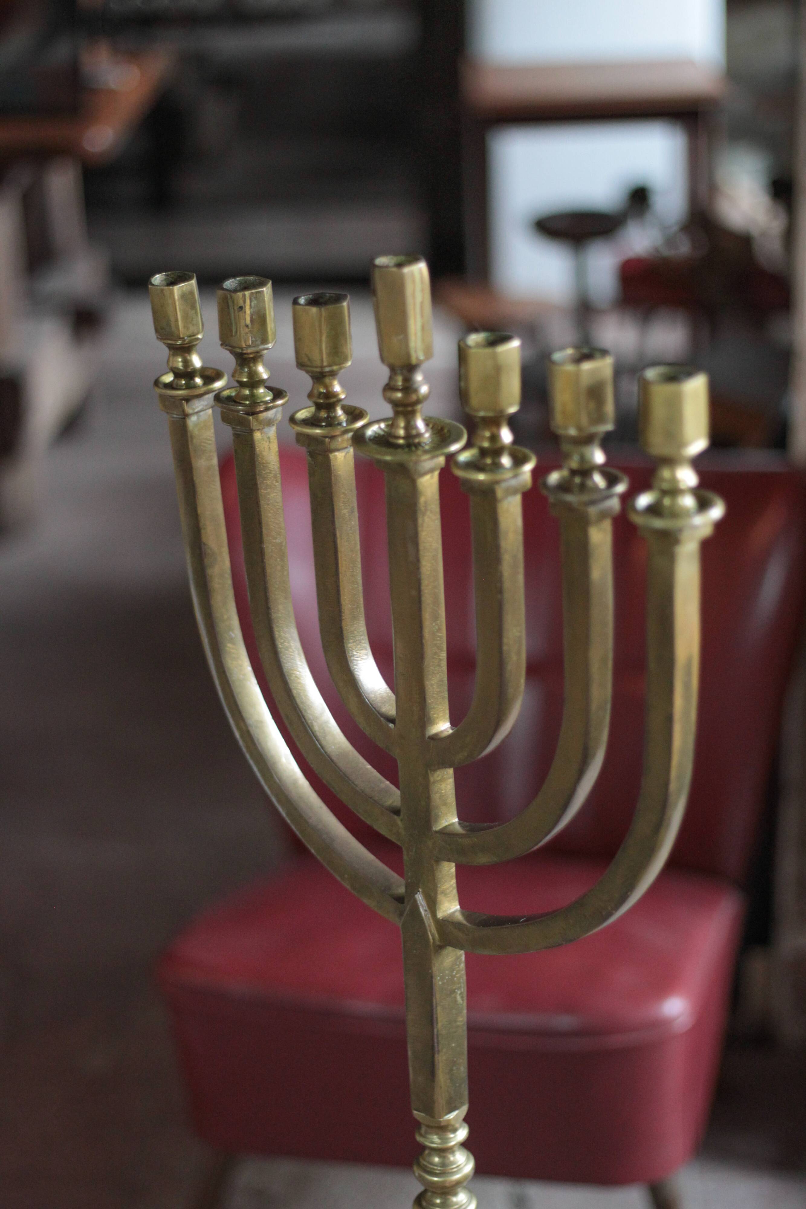 Golden bronze chandelier with seven arms, Menorah, candlestick on a stand, candelabrum.