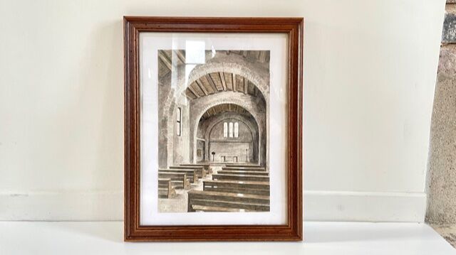 Tableau ancien aquarelle intérieur chapelle sur papier