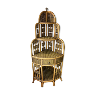 Corner furniture in rattan and bamboo shelf with 1 vintage notch drawer