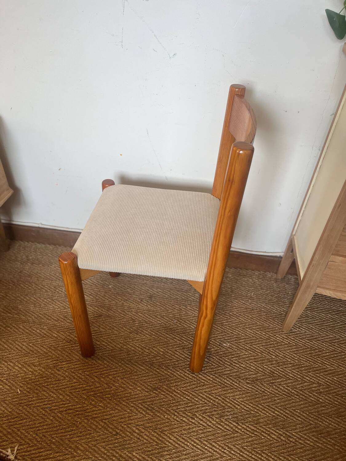 Vintage wooden chair with cream white corduroy seat