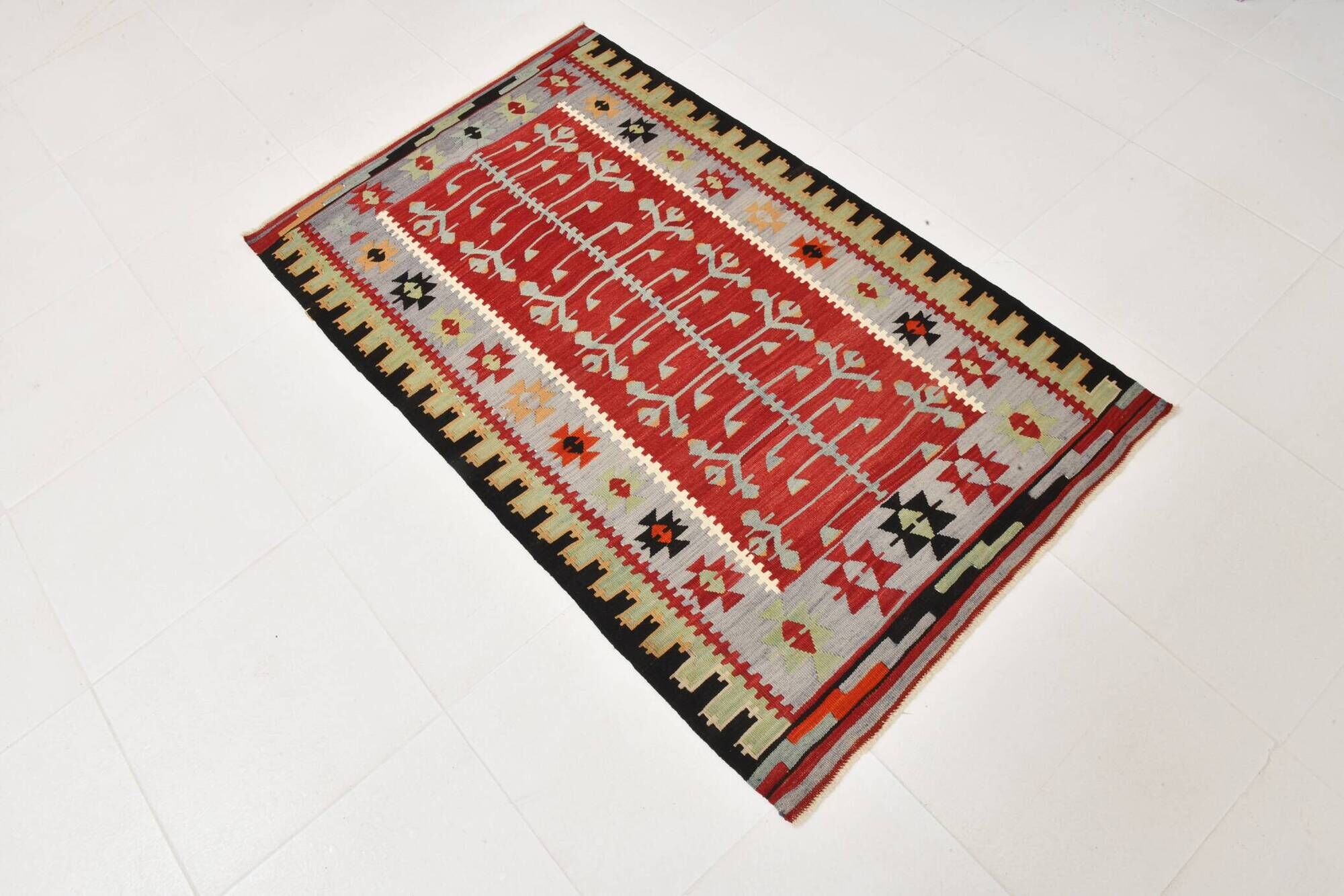 3x5 Red Green Tribal Vintage Kilim Rug, 88x147Cm