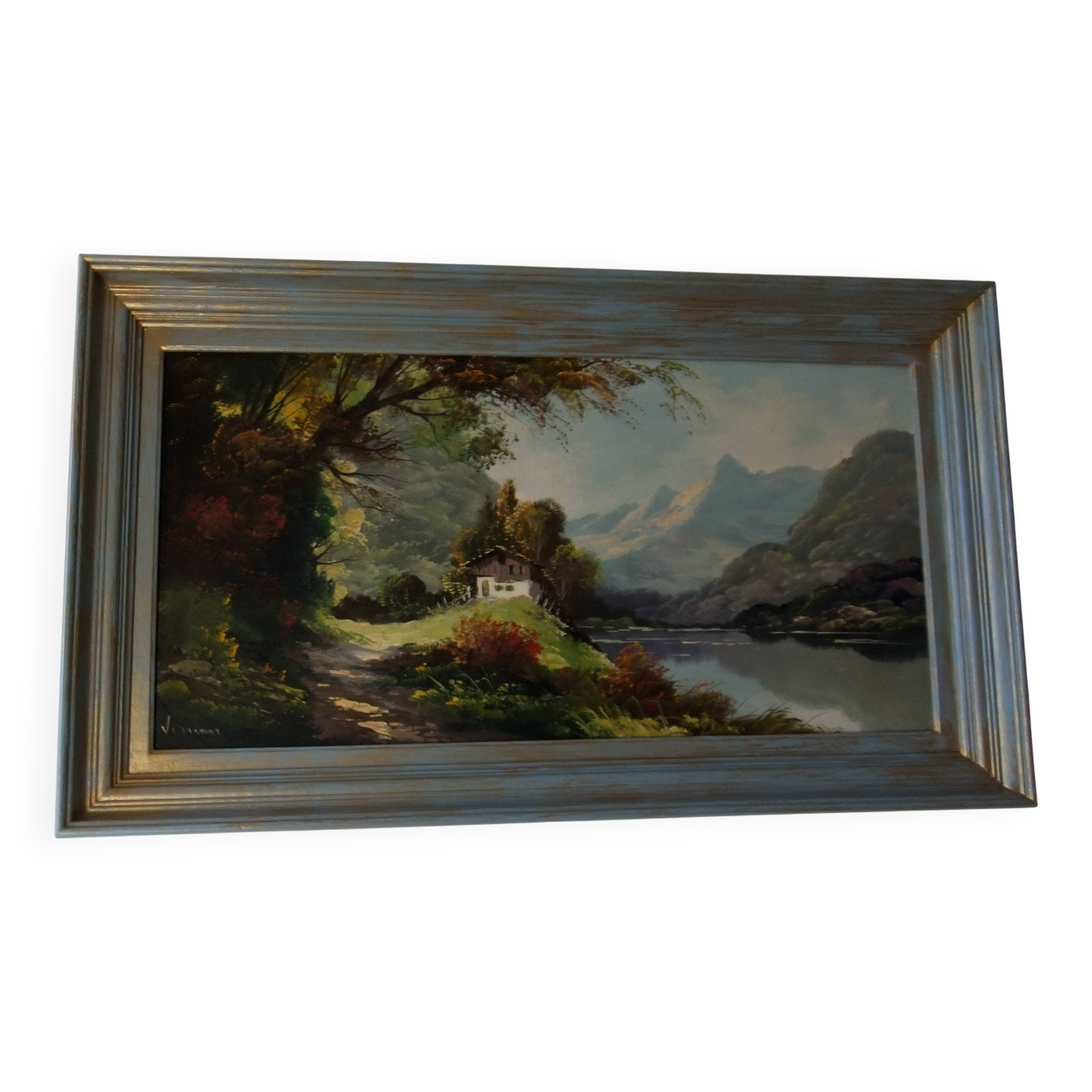 Tableau peinture à l'huile paysage signé Vernon cadre bleu gustavien et or