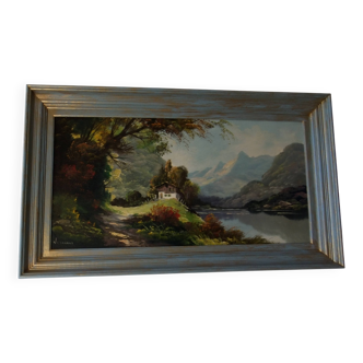 Oil painting landscape signed Vernon Gustavian blue and gold frame