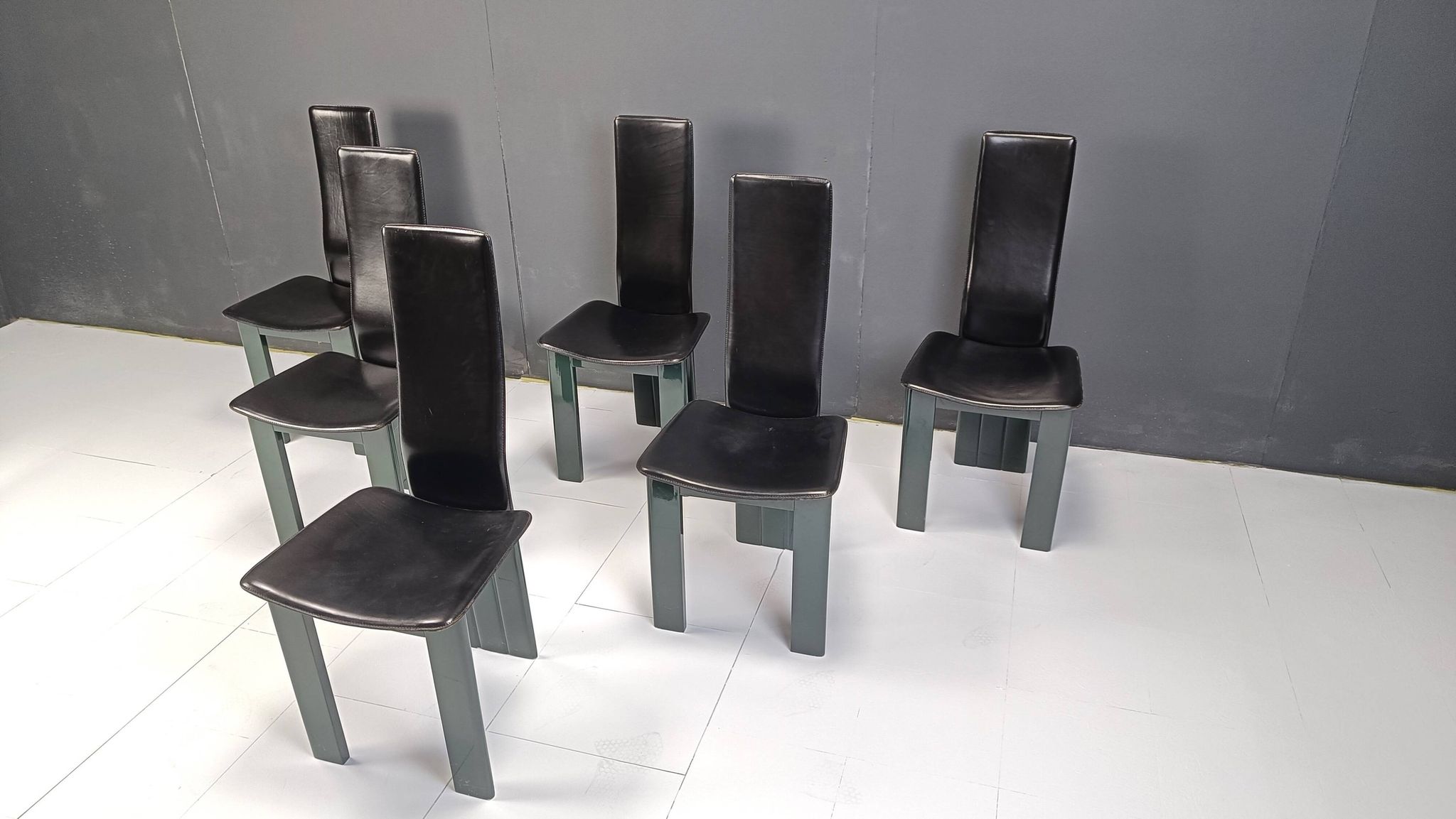 Copy of set of 6 Italian leather and green lacquer dining chairs, 1980s