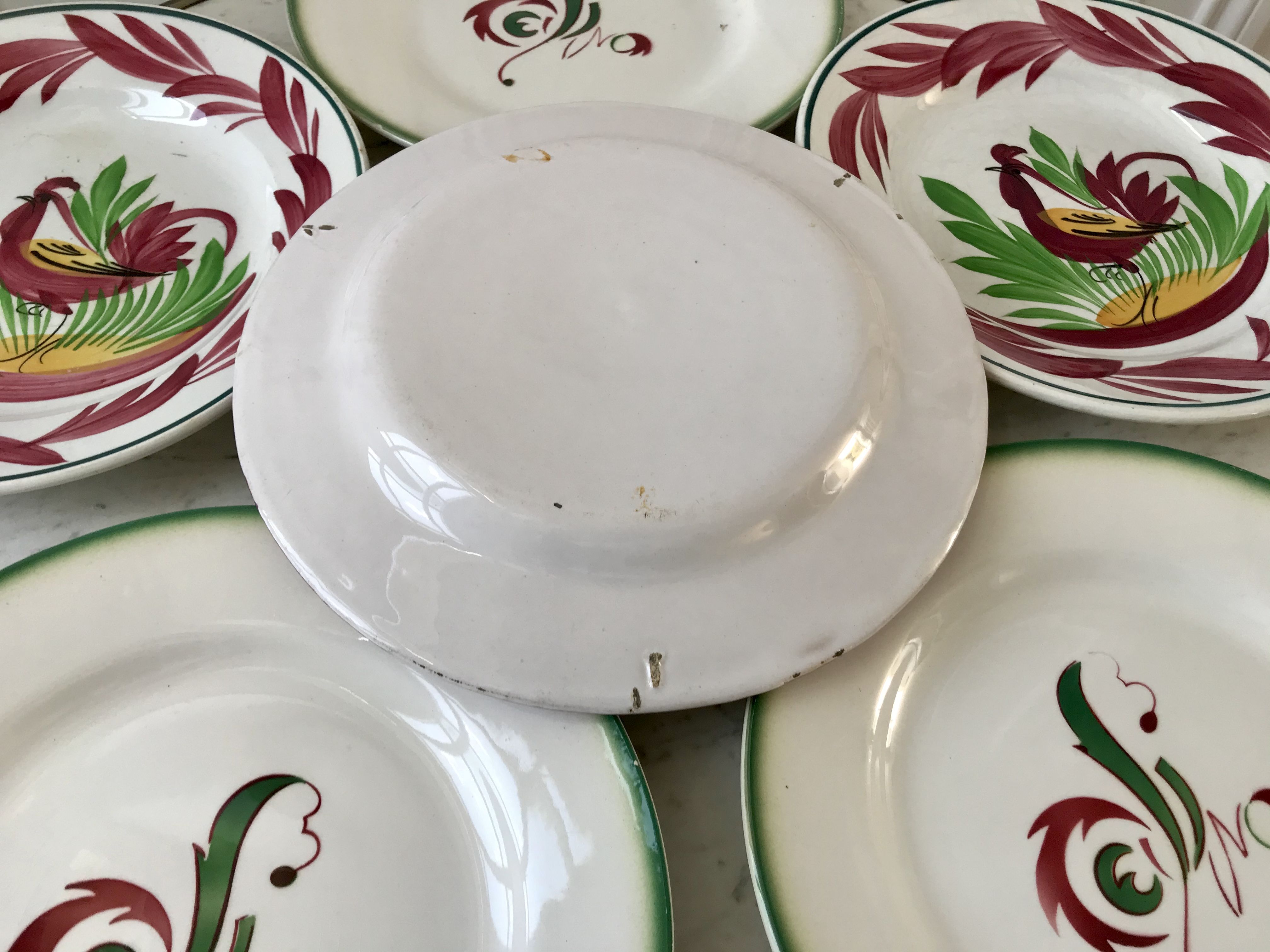 Set of 6 flat plates mismatched Digoin Sarreguemines models Rooster and Casino 30s