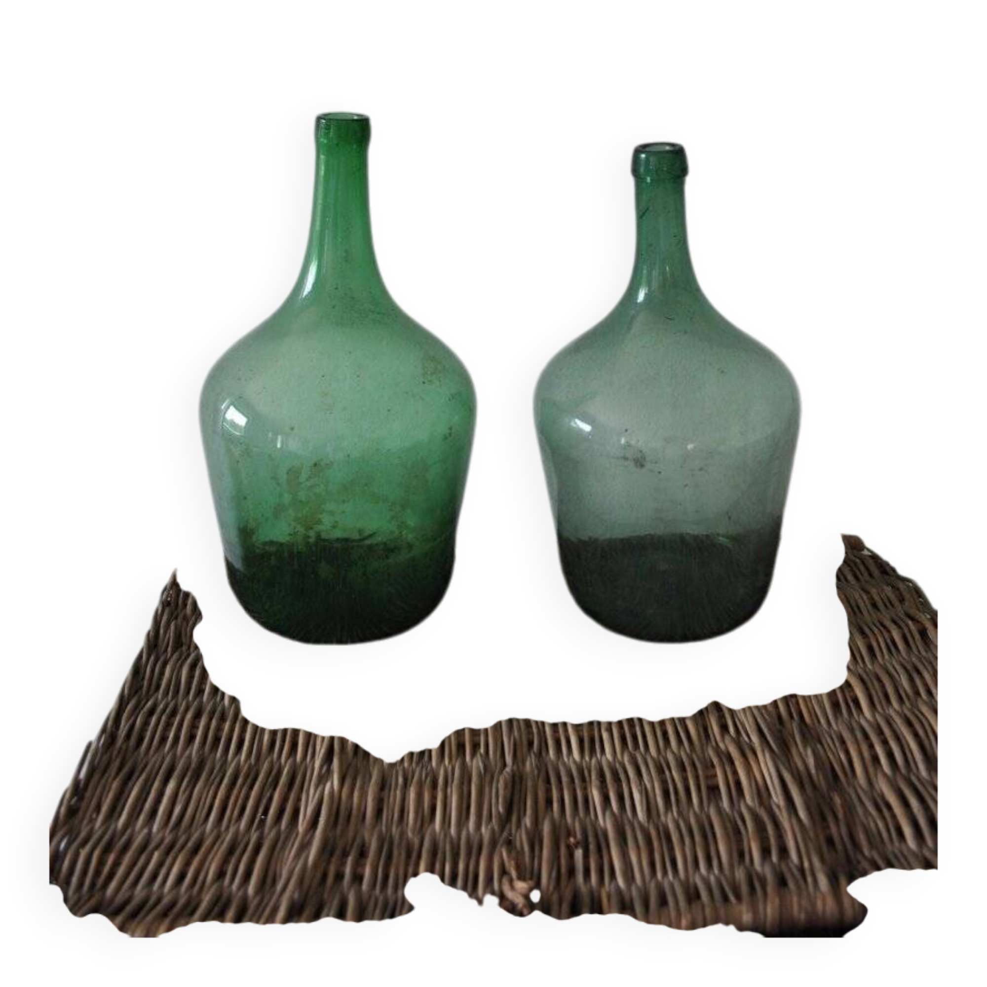 Pair of vintage green glass bottles — Hungarian carboys from the 1960s.