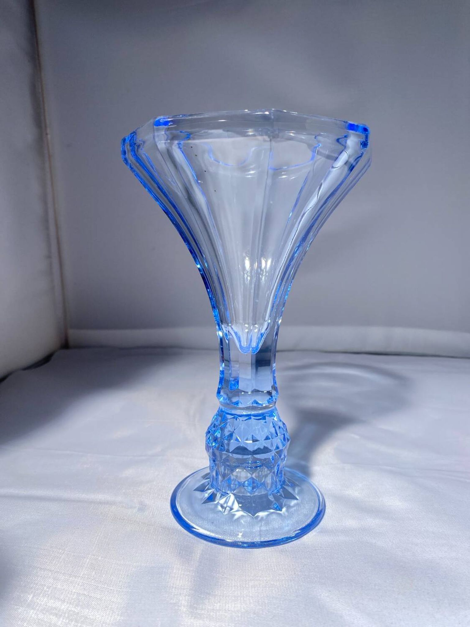 Pair of Jamestown blue Virginia candlesticks or vases by Fostori