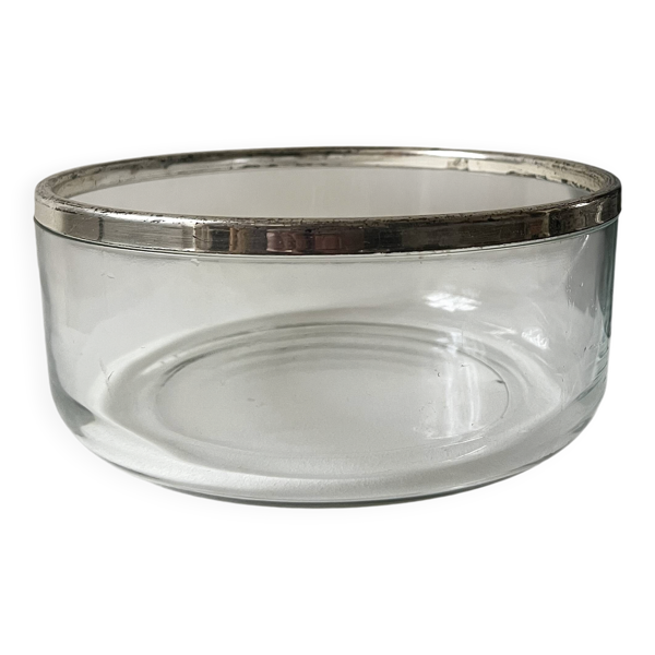 Grand saladier en verre & cerclage métal chromé, Bormioli Rocco Italie 1970