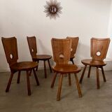 Set of 5 vintage 70s Brutalist design solid wood chairs
