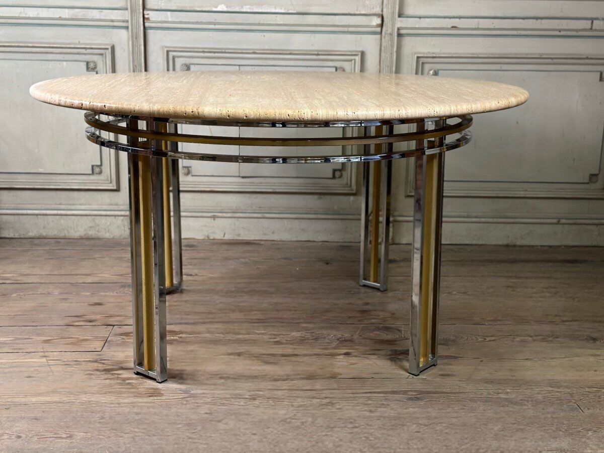 Dining table in chromed metal and matt gold, travertine shelf circa 1980