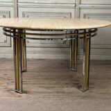 Dining table in chromed metal and matt gold, travertine shelf circa 1980