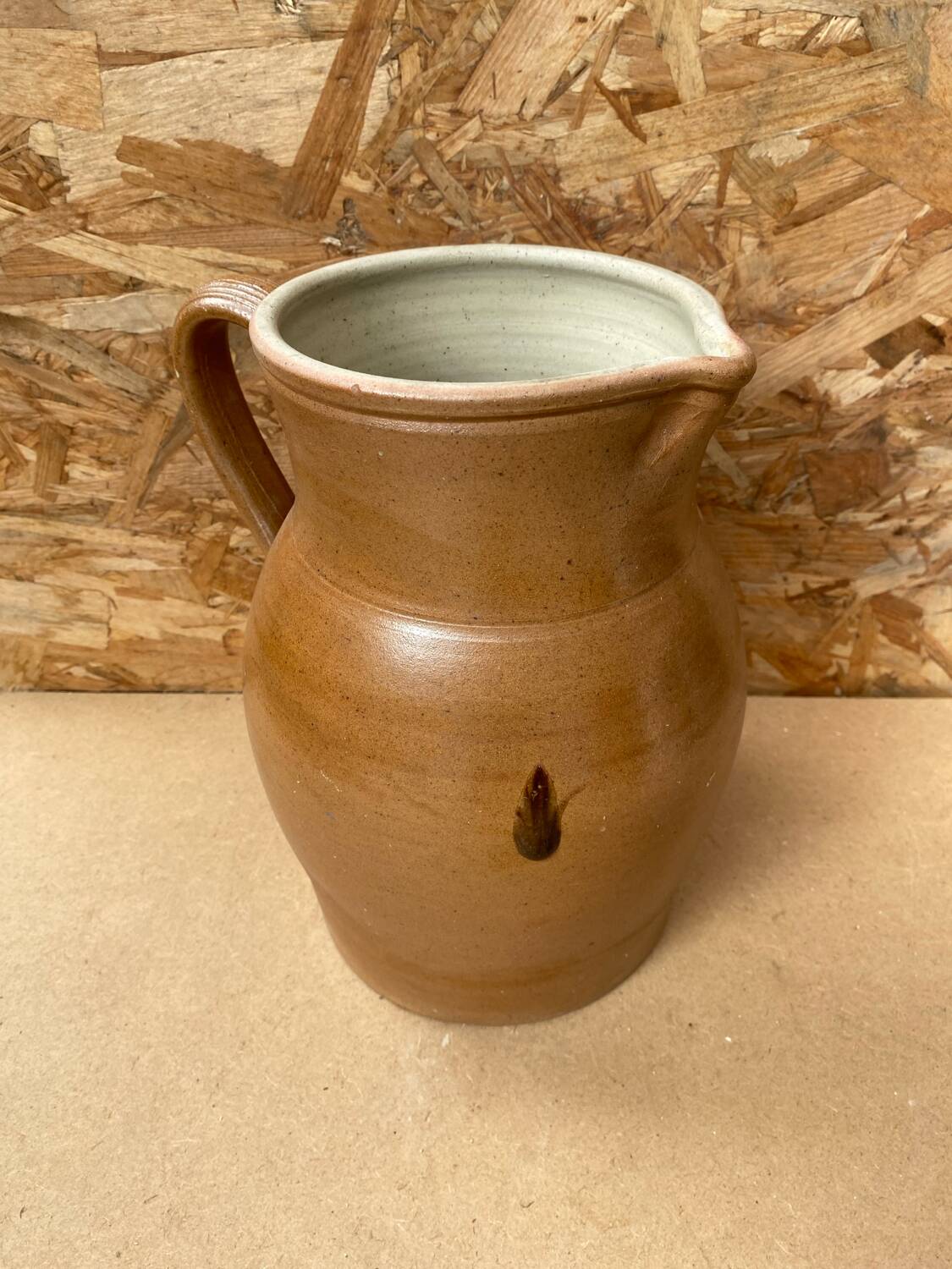 Antique pitcher 5 liters stoneware brown beige white interior vintage