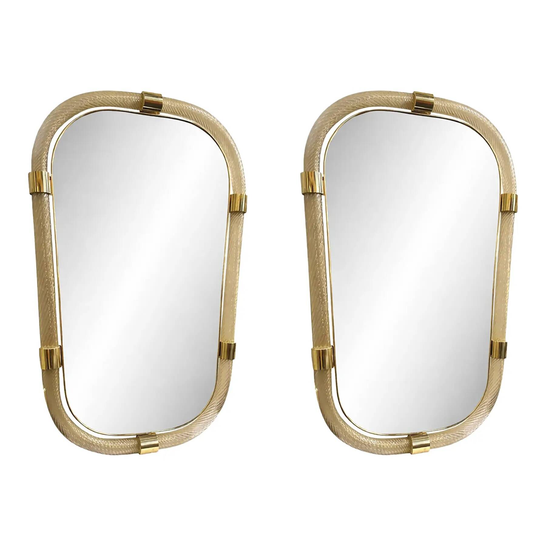 Pair of Gold Leaf Murano Glass Wall Mirrors, Italian "Torciglione" Design
