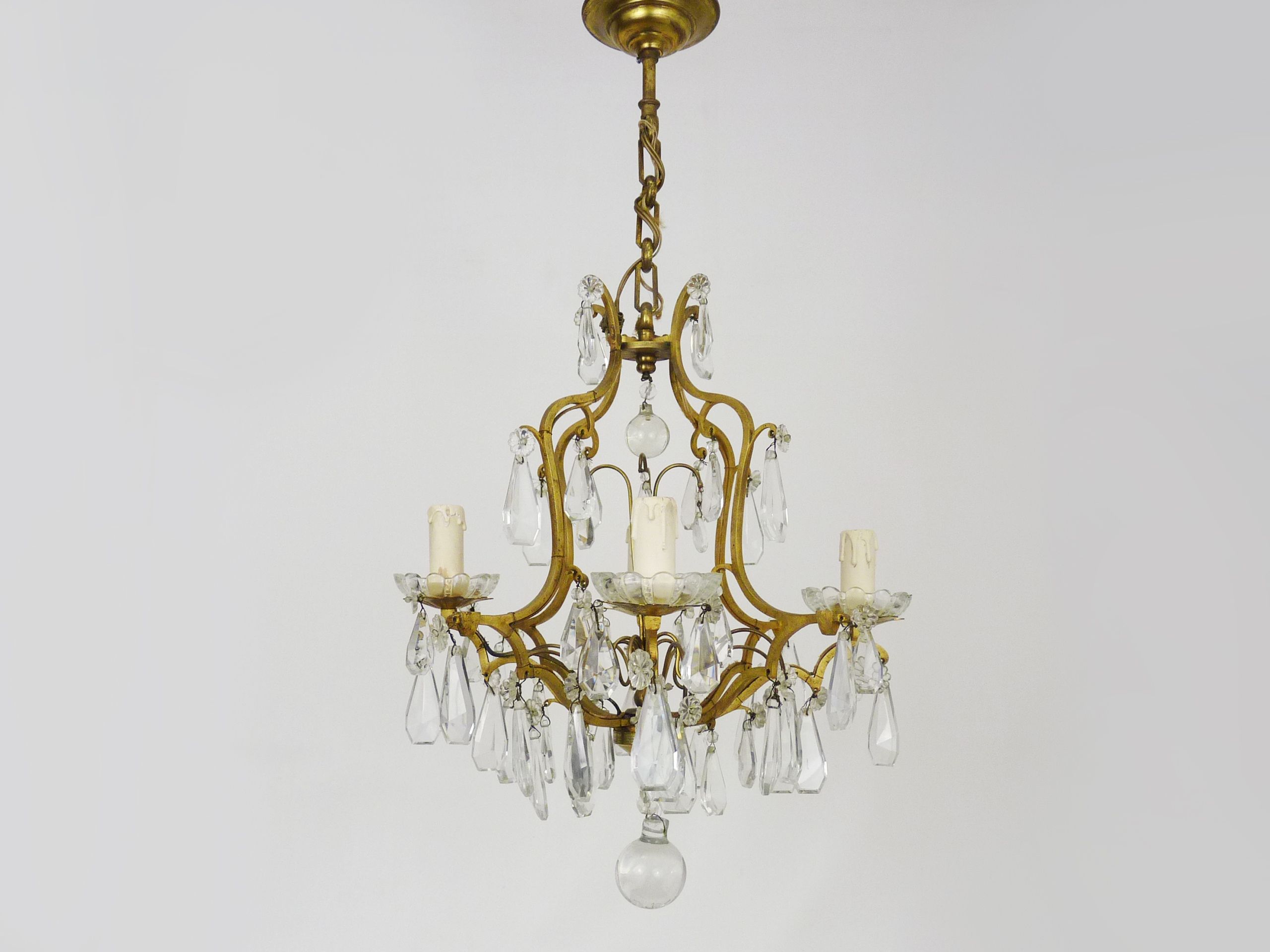 Bronze cage chandelier and glass tassels, with 4 lights. Chandelier tassels. 60s