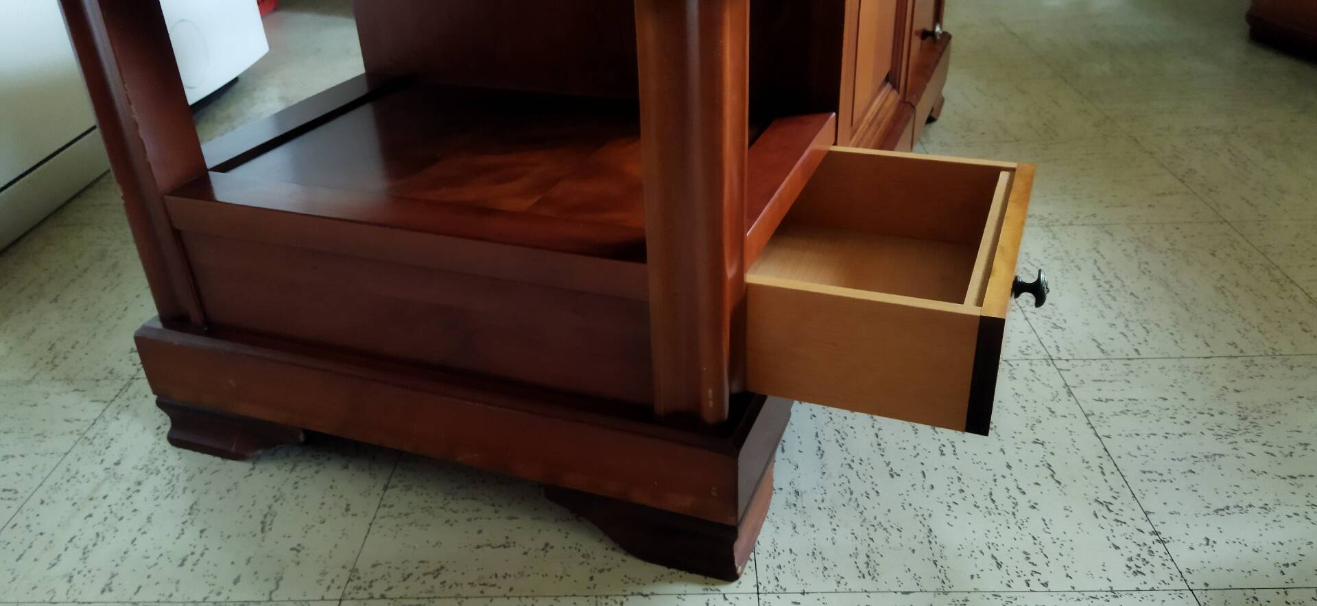 Louis Philippe style coffee table in cherry wood with large drawers.